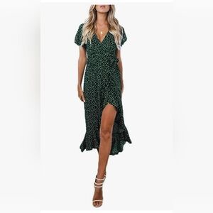 NWT Zesica Brand Elegant Green Polka Dot Wrap Midi Dress Size XL